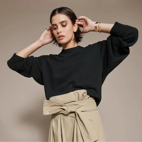 LEEN Loopwheel Black Women's sweatshirt with top buttons. Made in USA from Saks - Picture 1 of 10